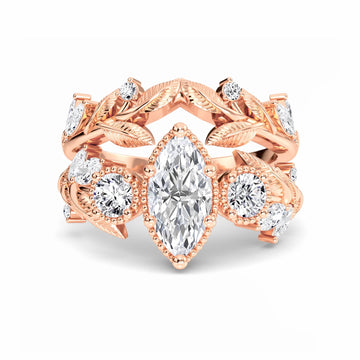 White Diamond Leaf Scroll Celestia Three-Stone Bridal Engagement Ring - Yanxia