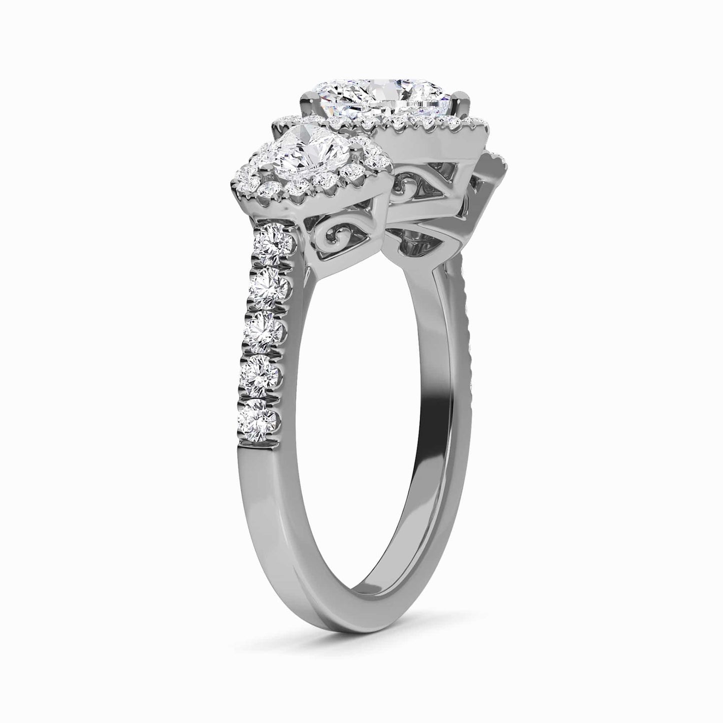 White Diamond Three-Stone Halo Pave-Set Accented Engagement Ring - Madison