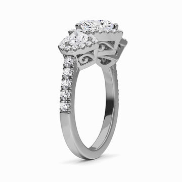 White Diamond Three-Stone Halo Pave-Set Accented Engagement Ring - Madison