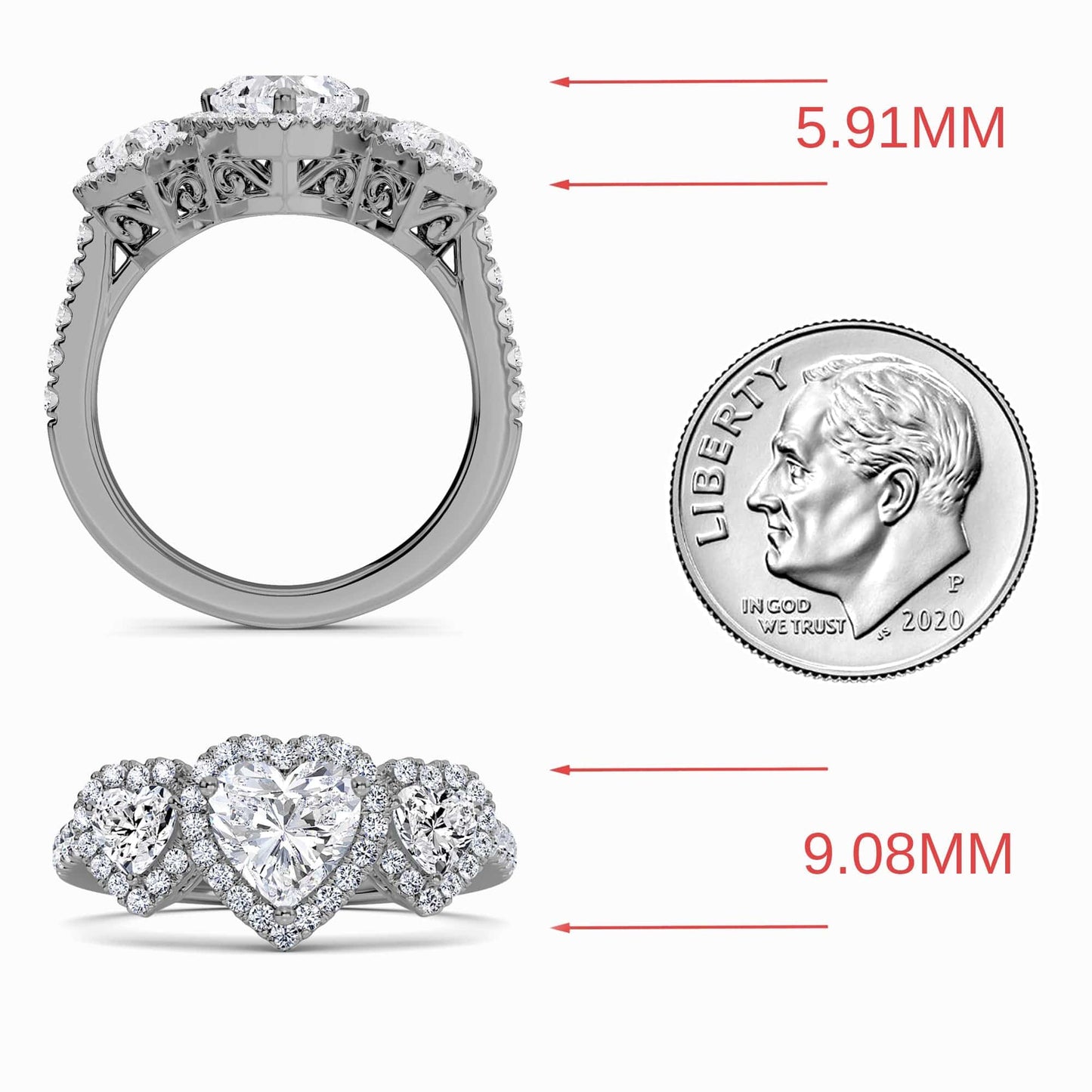 White Diamond Three-Stone Halo Pave-Set Accented Engagement Ring - Madison