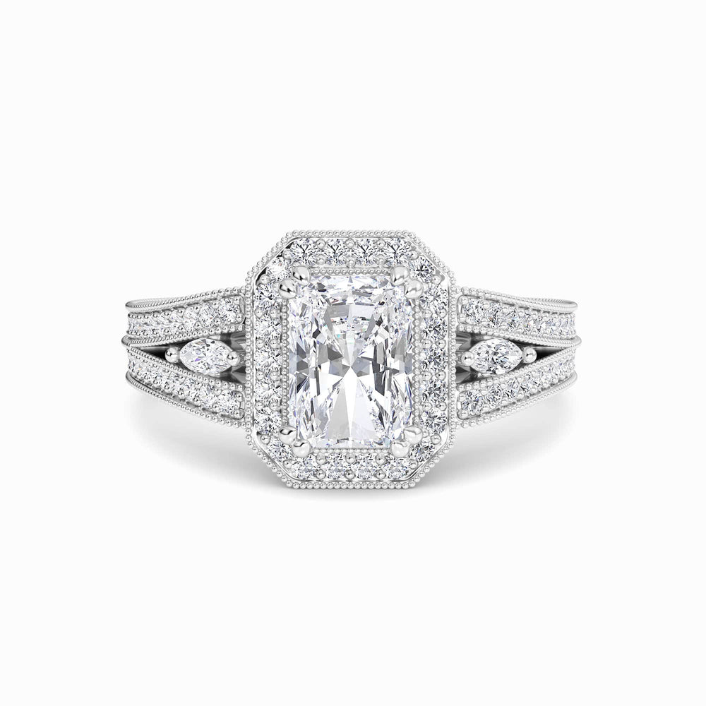 White diamond milgrain halo engagement ring