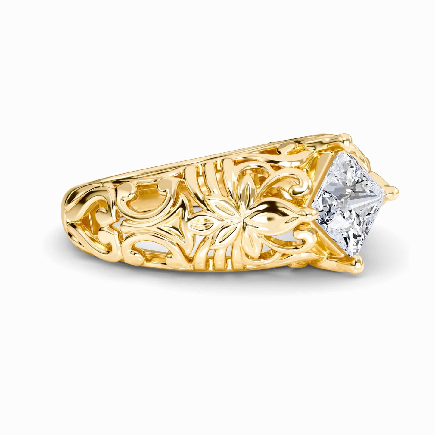 White Diamond Floral Engraved Vintage Engagement Ring - Briar