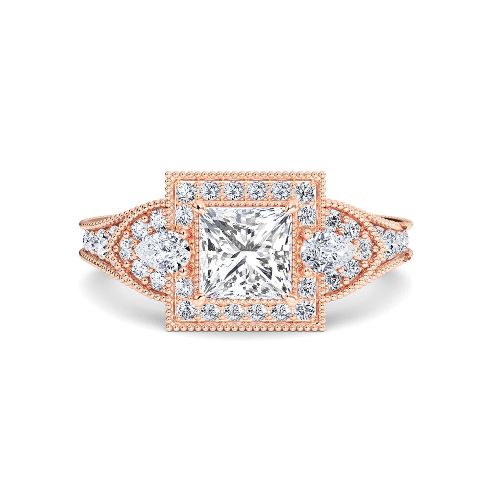 White Diamond Three Stone Halo Pave Engagement Ring