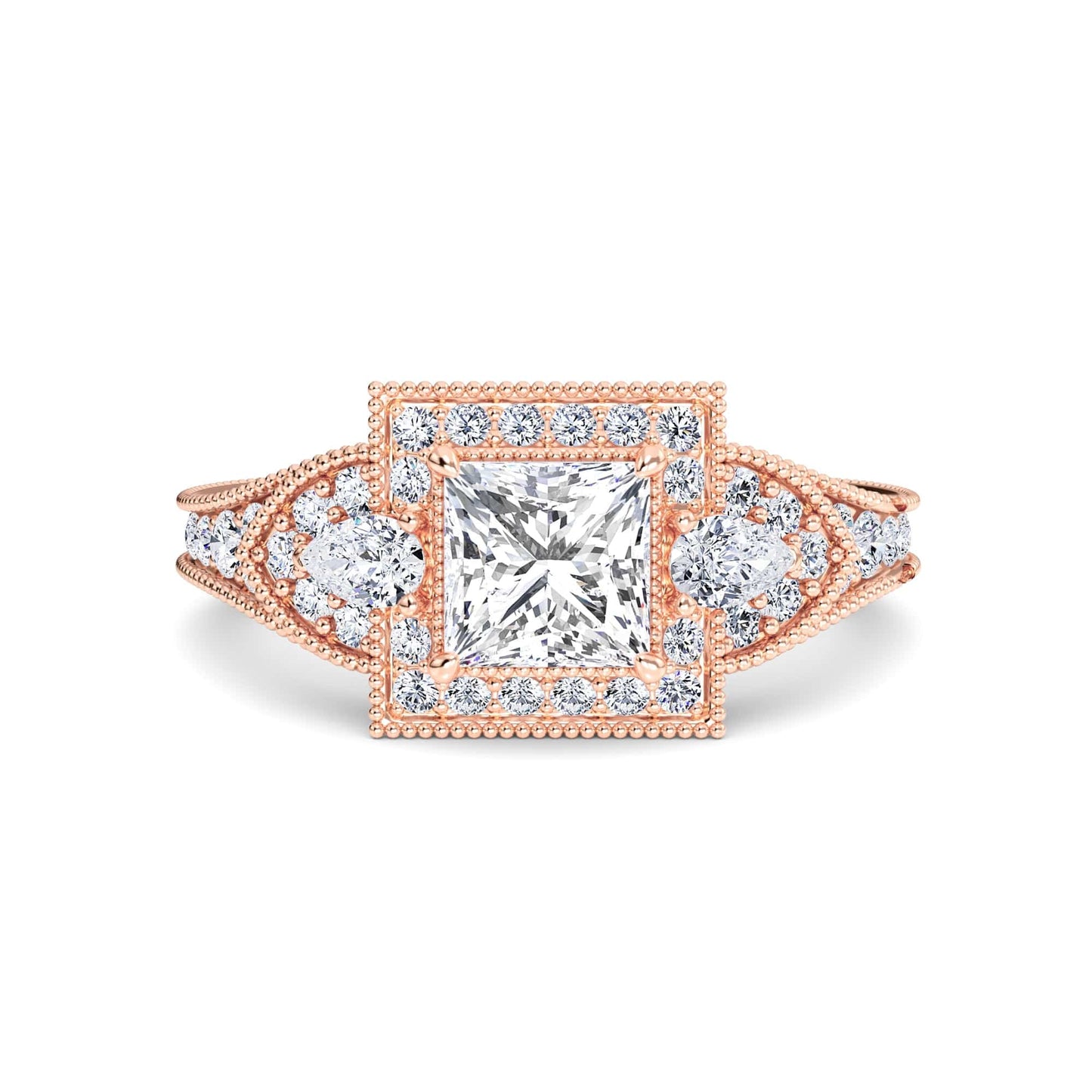 White Diamond Three Stone Halo Pave Engagement Ring - Scout