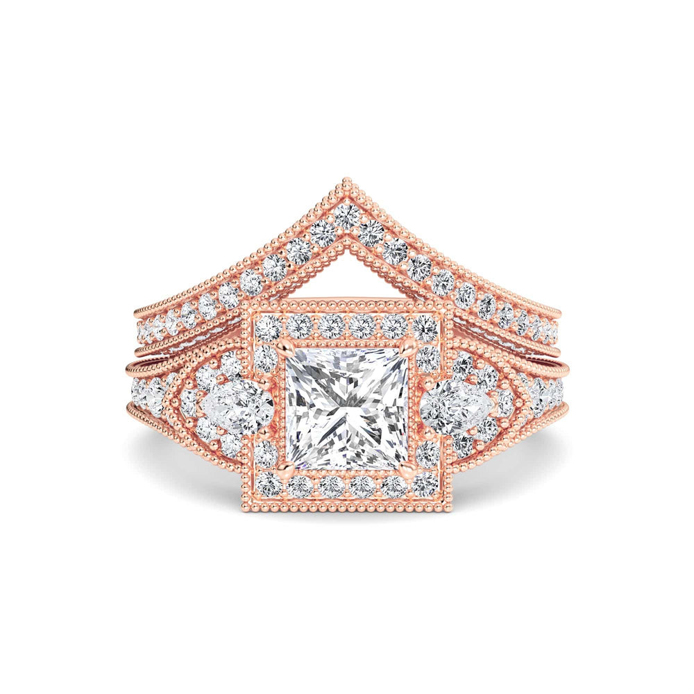 White diamond three stone halo pave bridal set engagement ring