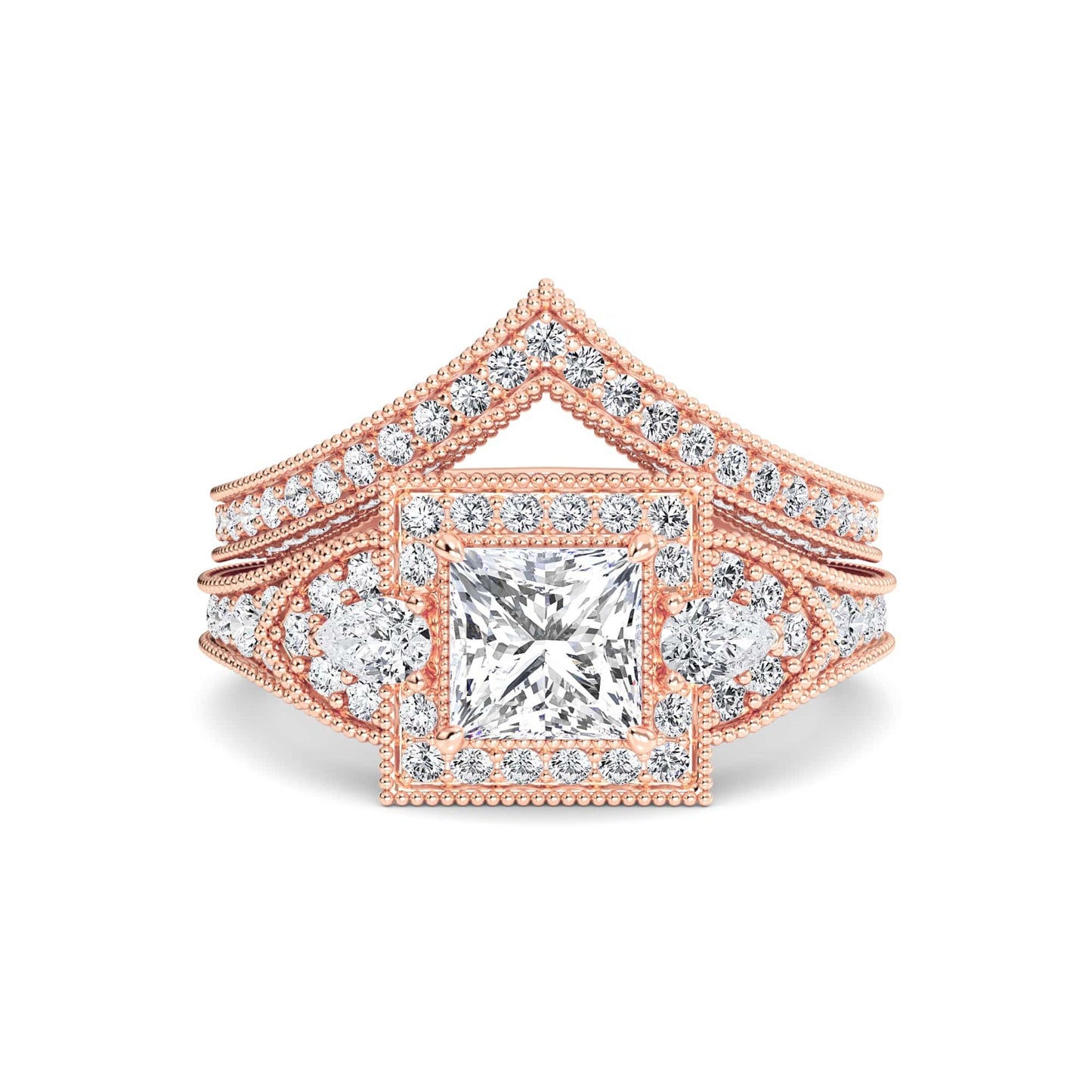 White Diamond Three Stone Halo Pave Bridal Set Engagement Ring - Ottilie