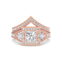 White Diamond Three Stone Halo Pave Bridal Set Engagement Ring - Ottilie