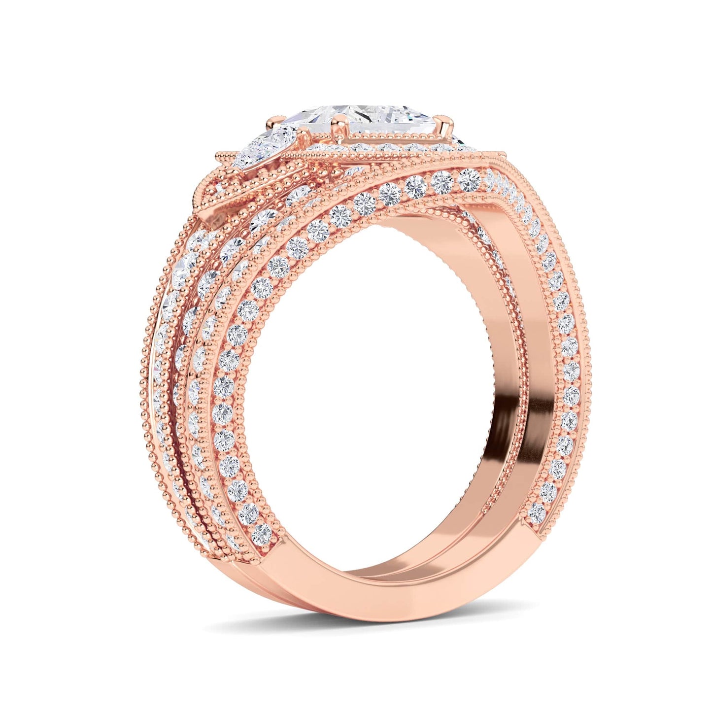 White Diamond Three Stone Halo Pave Bridal Set Engagement Ring - Ottilie