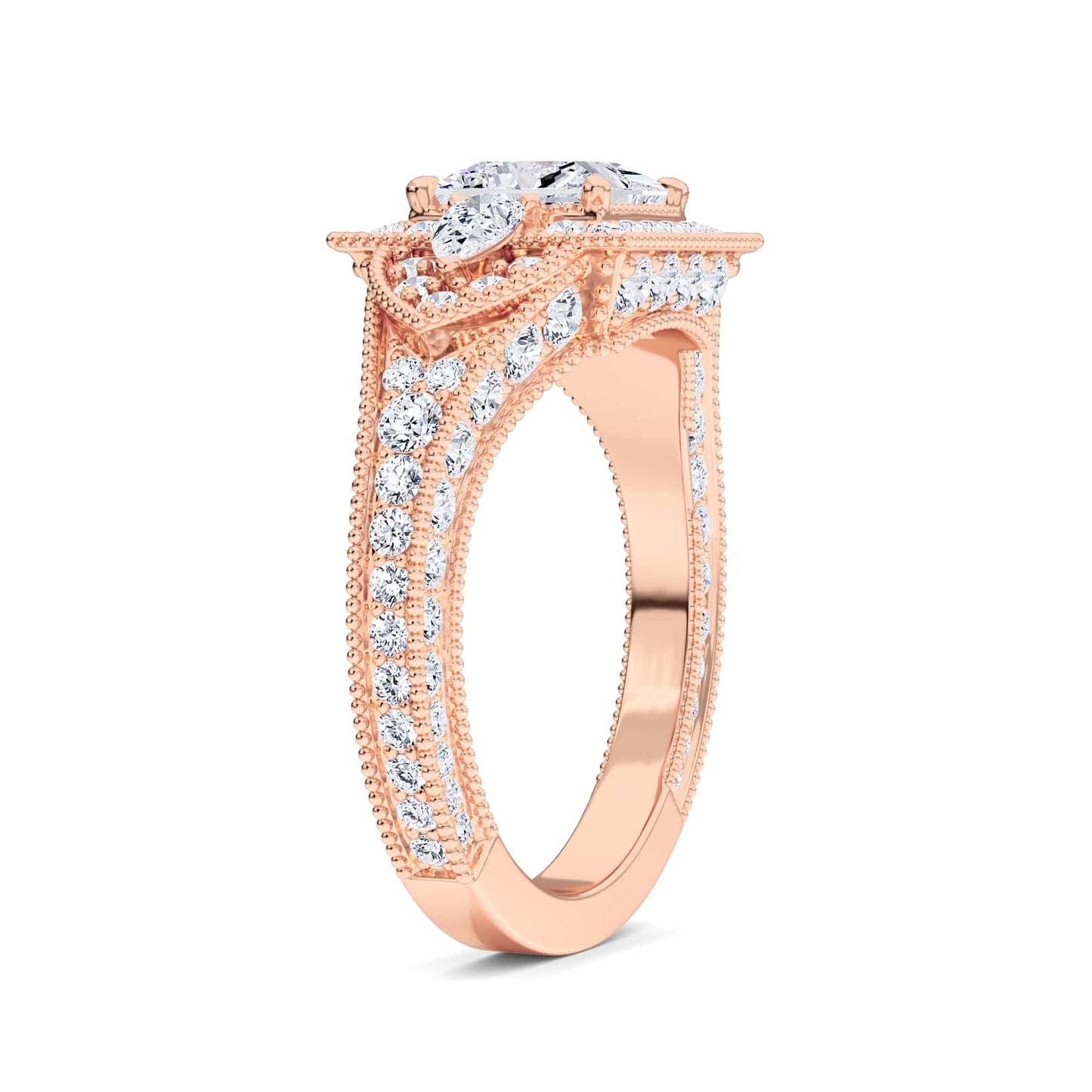 White Diamond Three Stone Halo Pave Bridal Set Engagement Ring - Ottilie