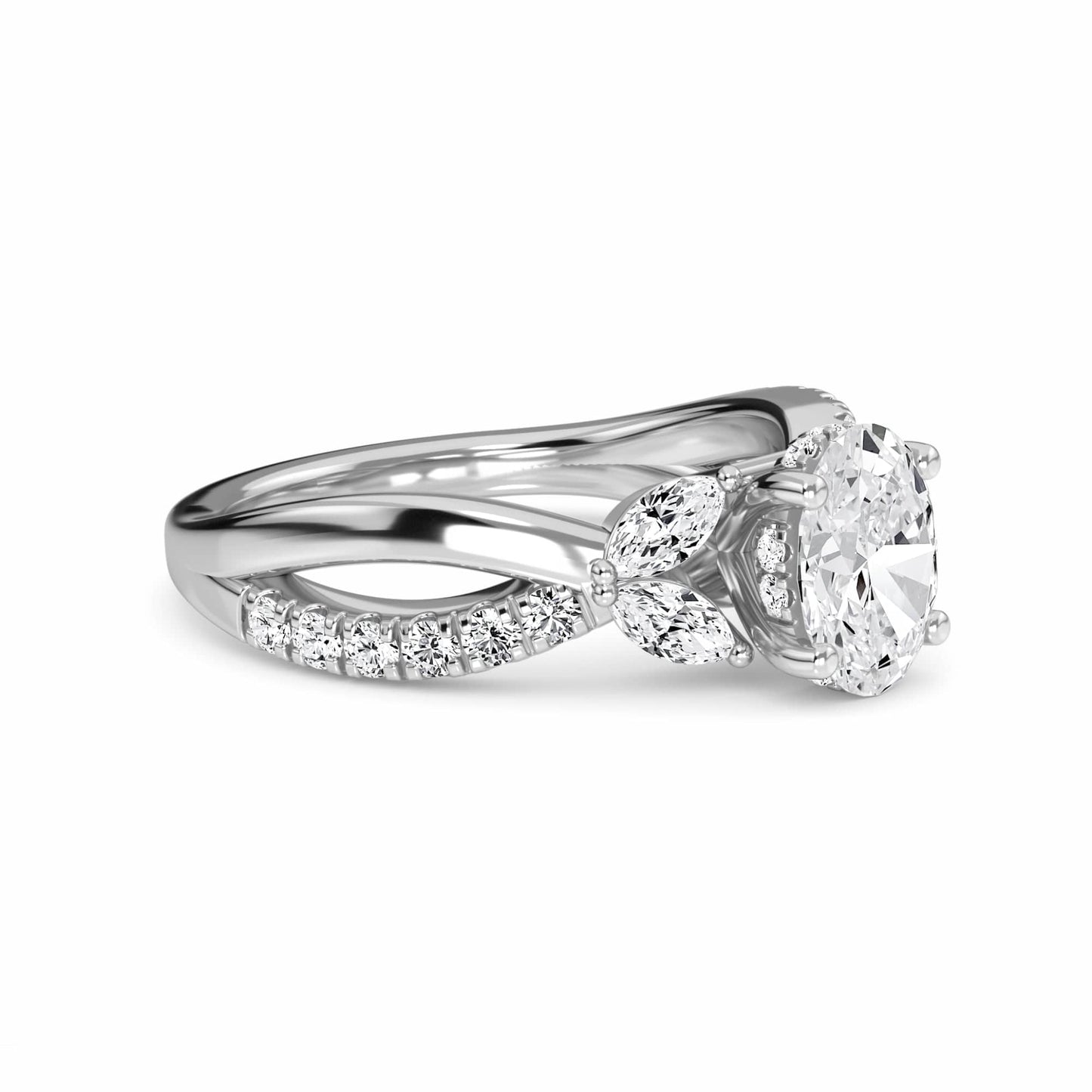 White Diamond Leaf Motif Twisted Engagement Ring - Skylar