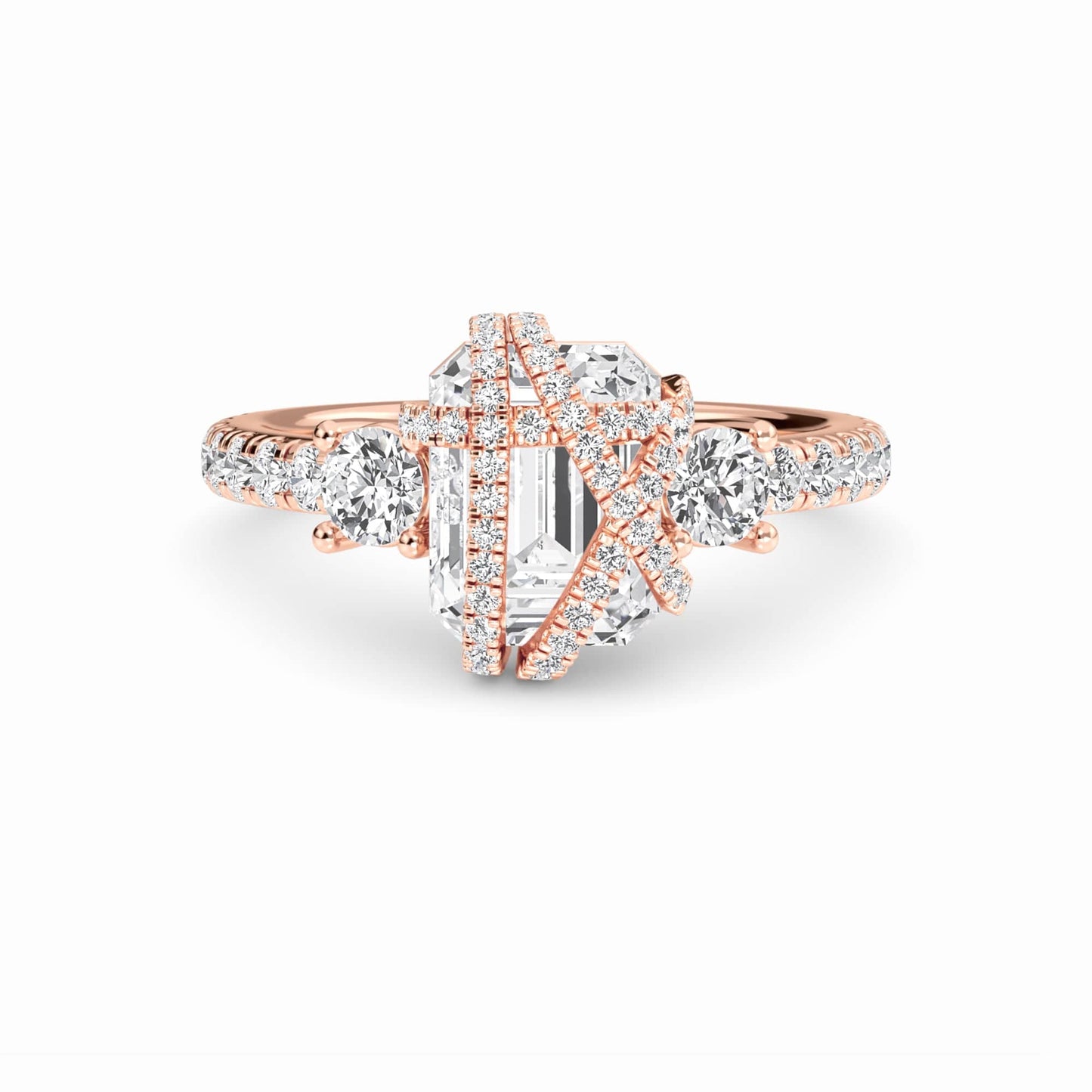 White Diamond Criss-Cross Halo Three-Stone Engagement Ring - Tisha