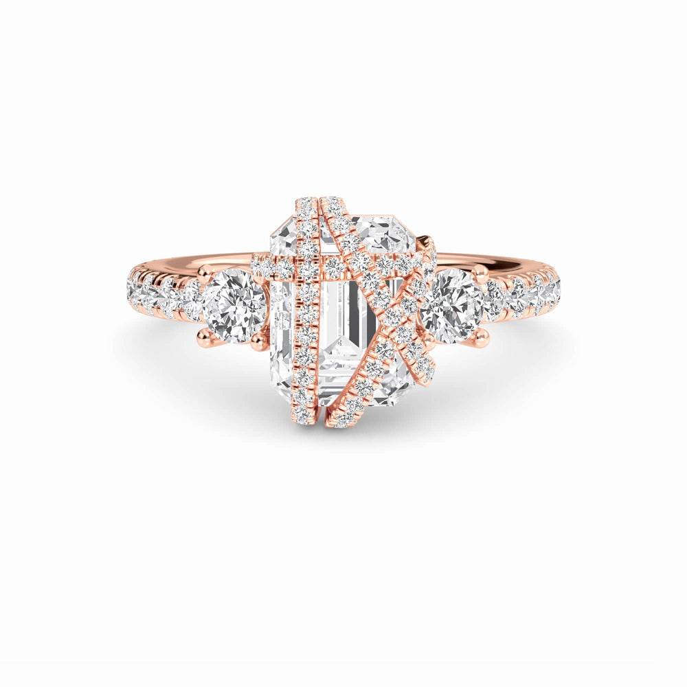 White Diamond Criss-Cross Halo Three-Stone Engagement Ring
