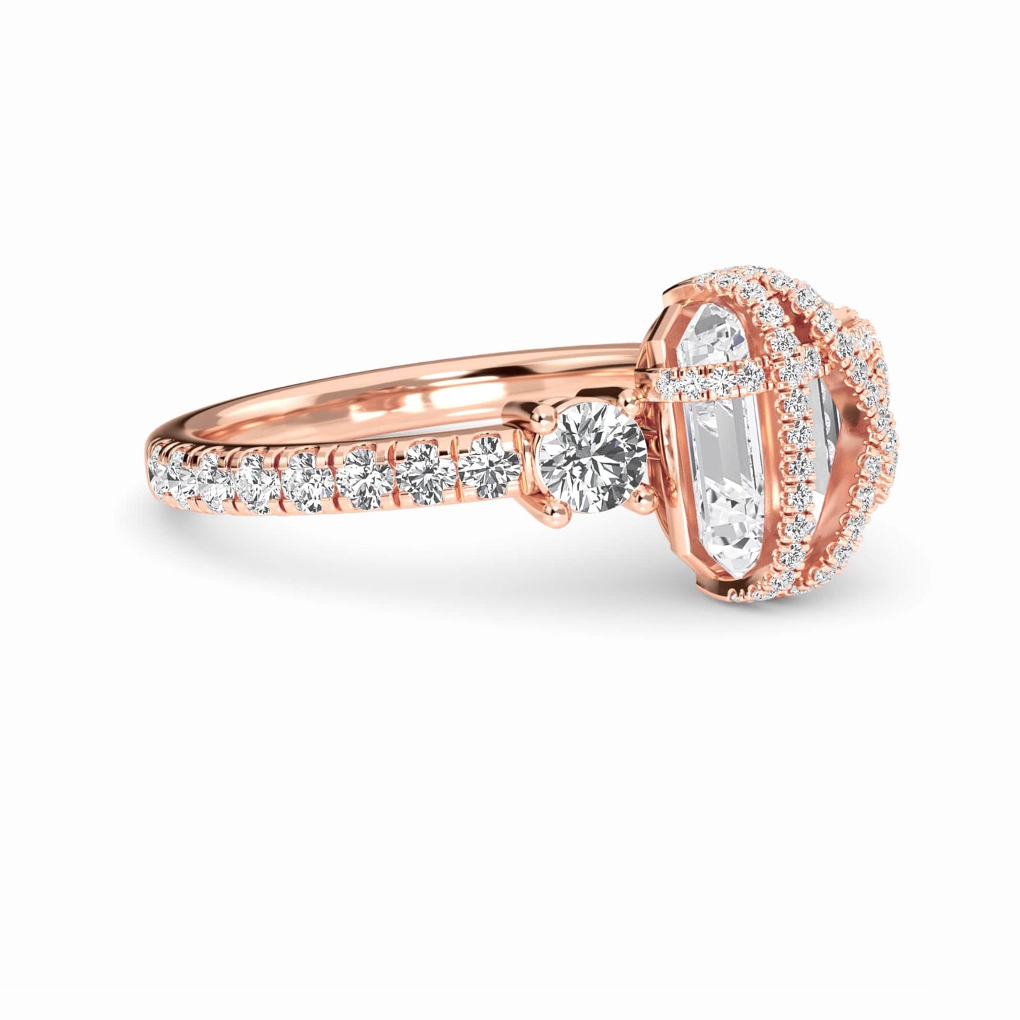 White Diamond Criss-Cross Halo Three-Stone Engagement Ring - Tisha