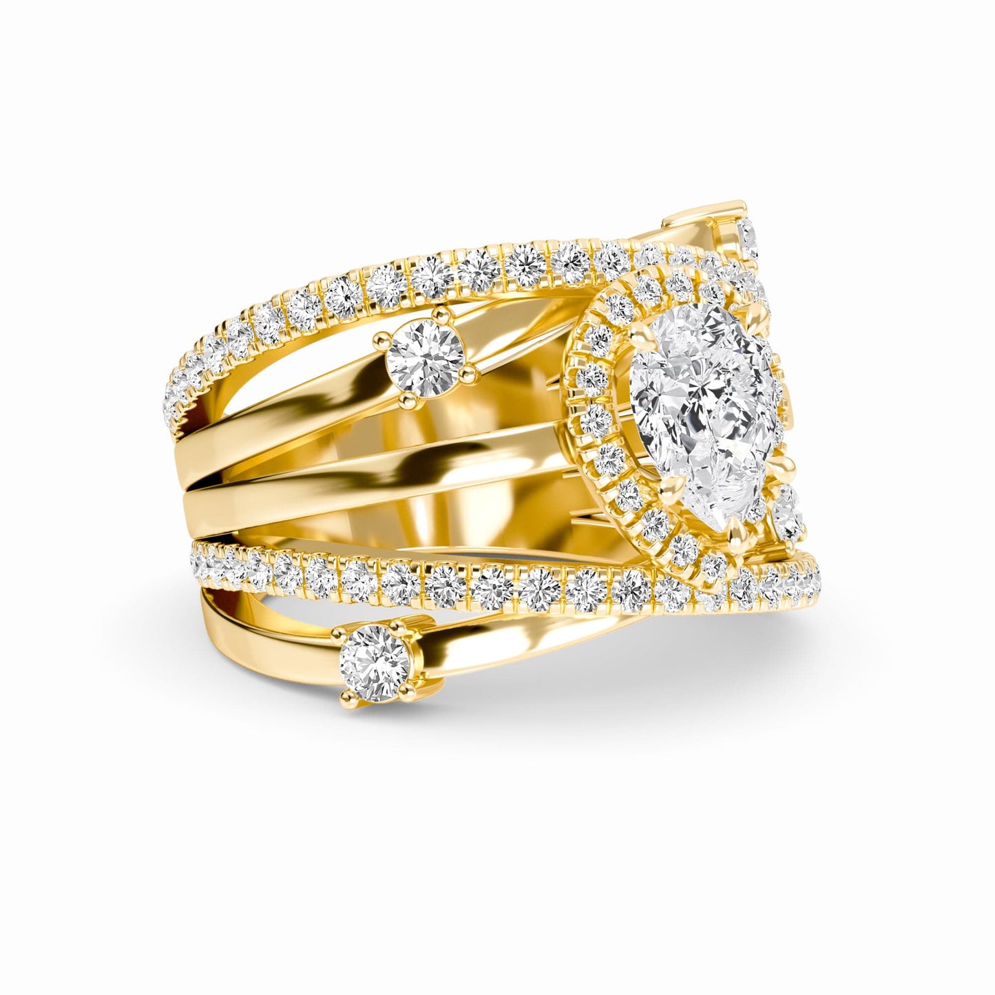 White Diamond Multi-Band Crossover Halo Engagement Ring - Lucienne