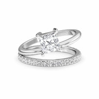 White Diamond Bridal Set with Pave Band Solitaire Engagement Ring - Hehua
