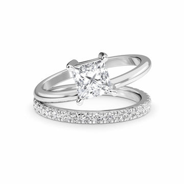 White Diamond Bridal Set with Pave Band Solitaire Engagement Ring - Hehua
