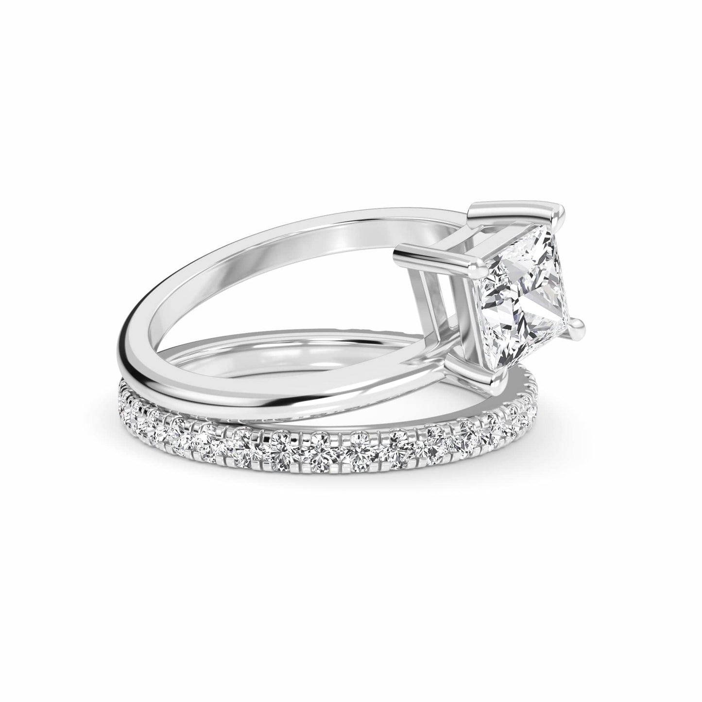 White Diamond Bridal Set with Pave Band Solitaire Engagement Ring - Hehua