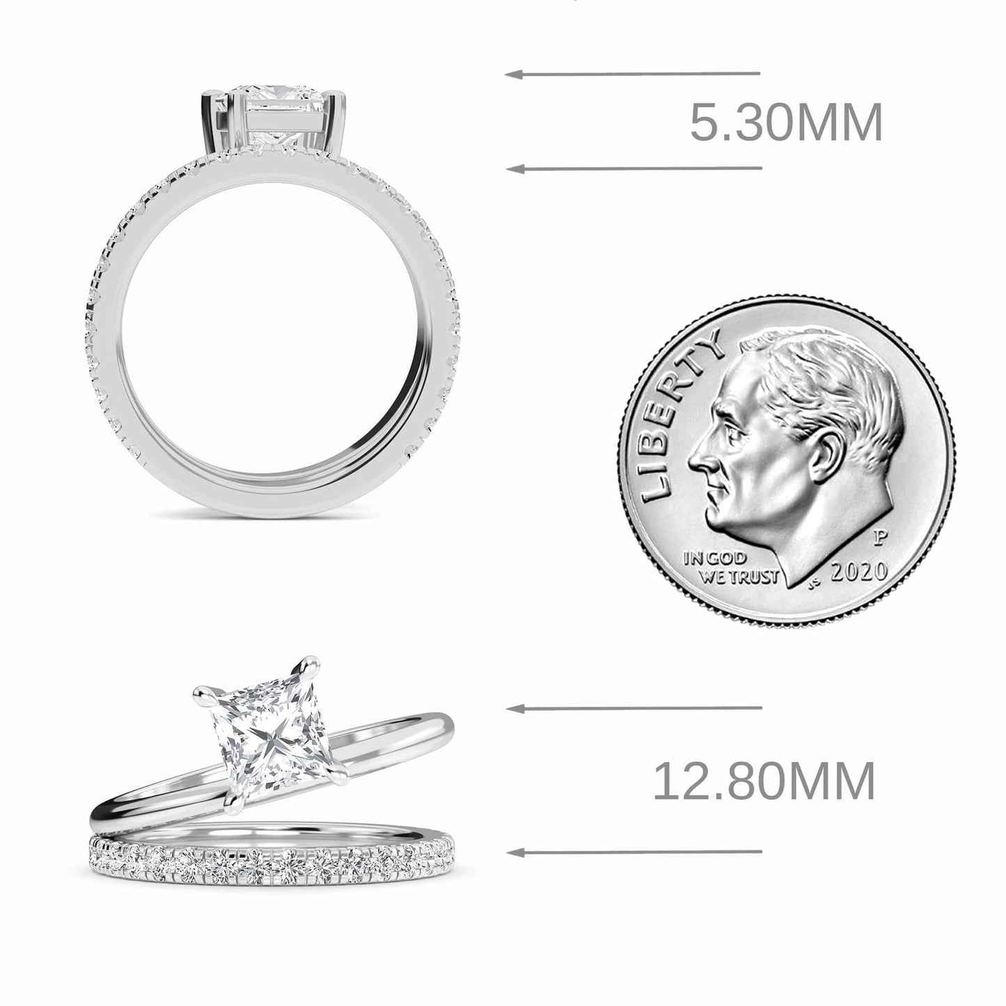 White Diamond Bridal Set with Pave Band Solitaire Engagement Ring - Hehua