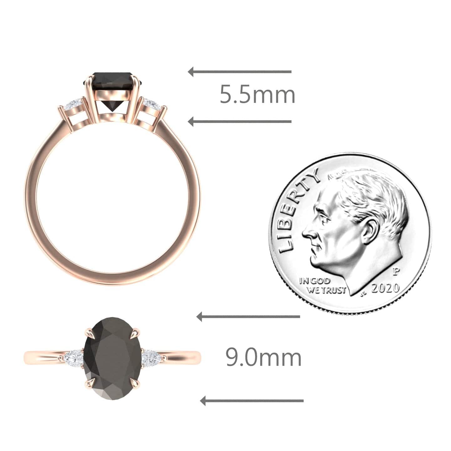 Oval Three-Stone Certified Natural Black Diamond Engagement Ring - Lorraine