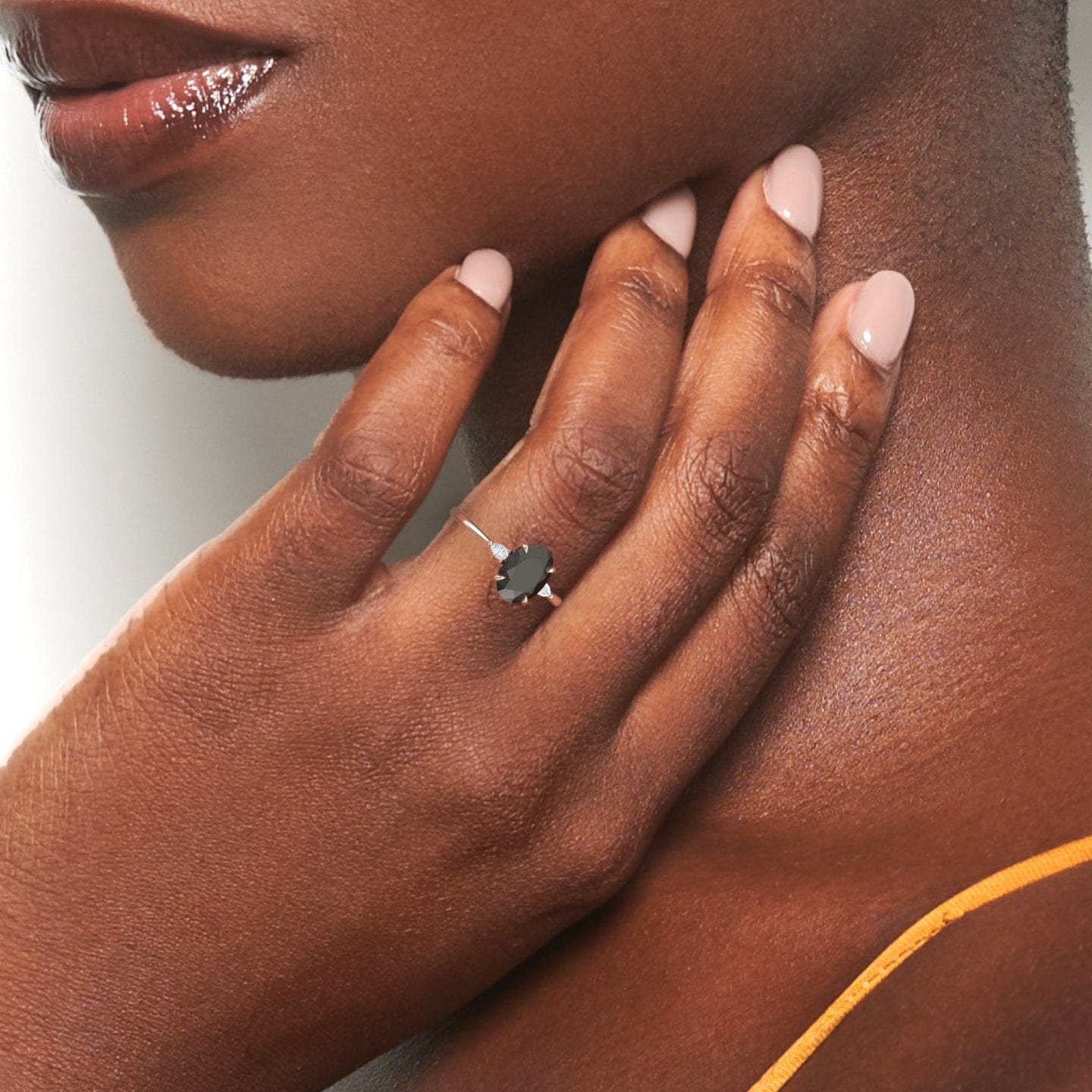 Oval Three-Stone Certified Natural Black Diamond Engagement Ring - Lorraine