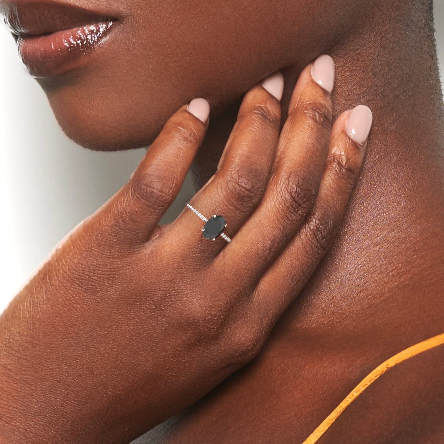 Oval Hidden Halo Certified Natural Black Diamond Pave Engagement Ring - Tamara