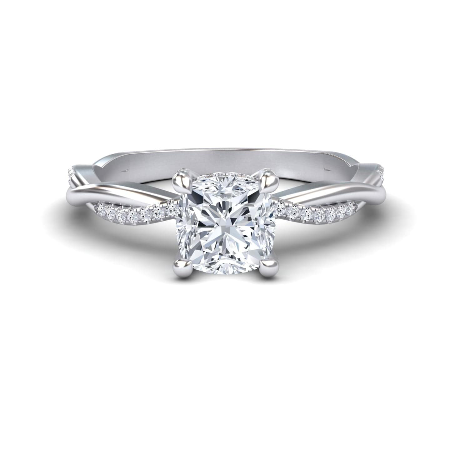 White Diamond Twisted Pave Shank Hidden Halo Engagement Ring - Yunru