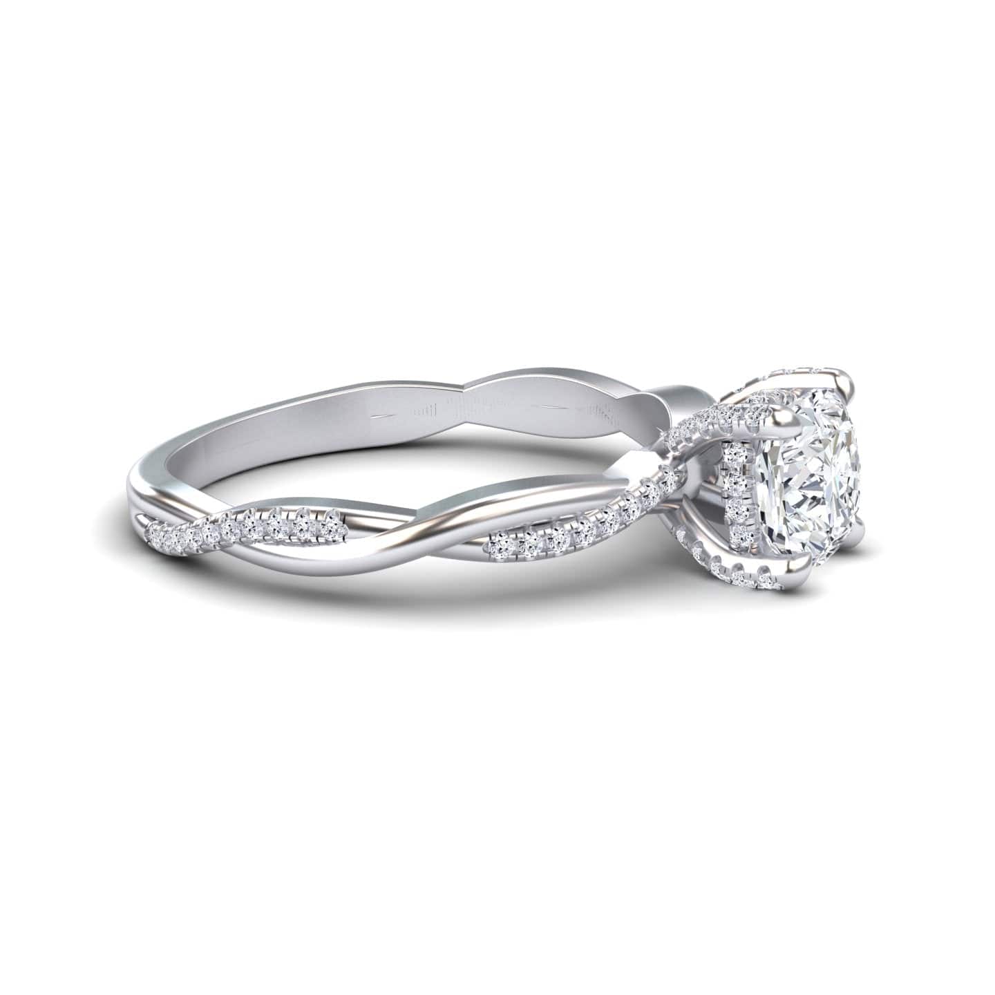 White Diamond Twisted Pave Shank Hidden Halo Engagement Ring - Yunru