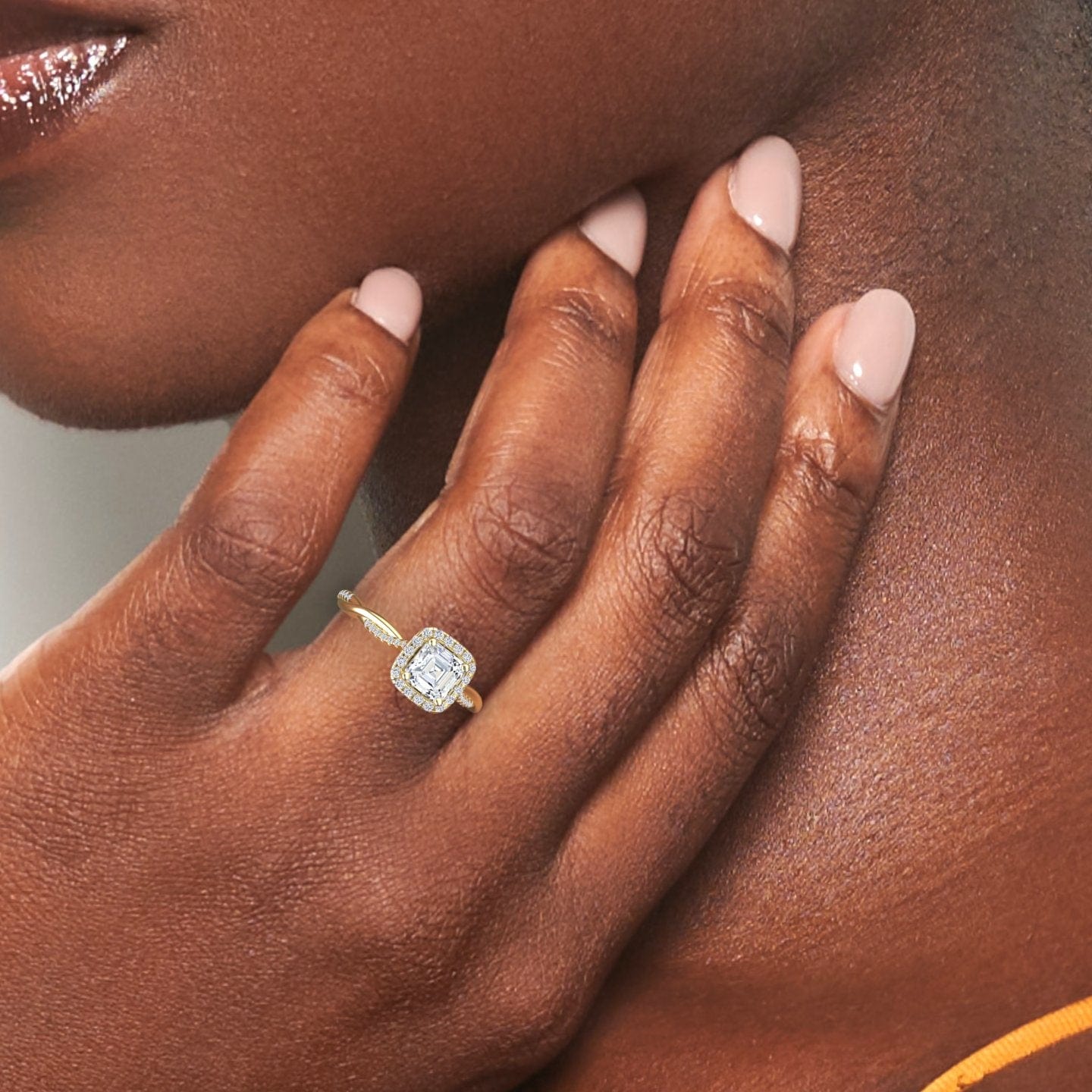 White Diamond Twisted Pave Shank Halo Engagement Ring - Yanmei