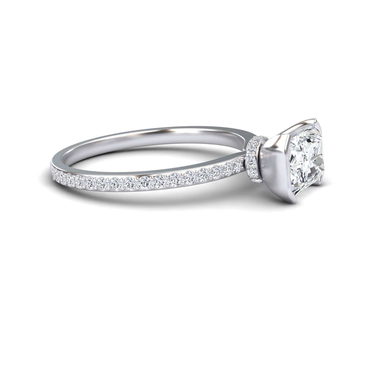 White Diamond Pave Hidden Halo Bezel Solitaire Accented Engagement Ring - Yueqin