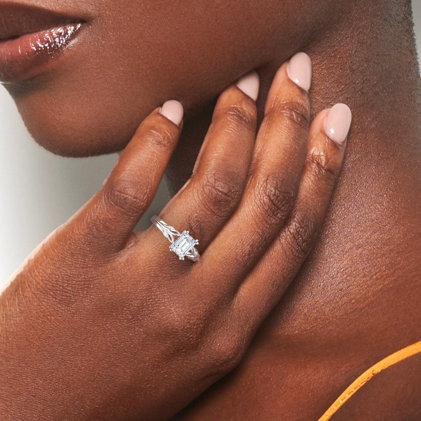 White Diamond Leaf-Inspired with Hidden Halo Engagement Ring - Gabrielle