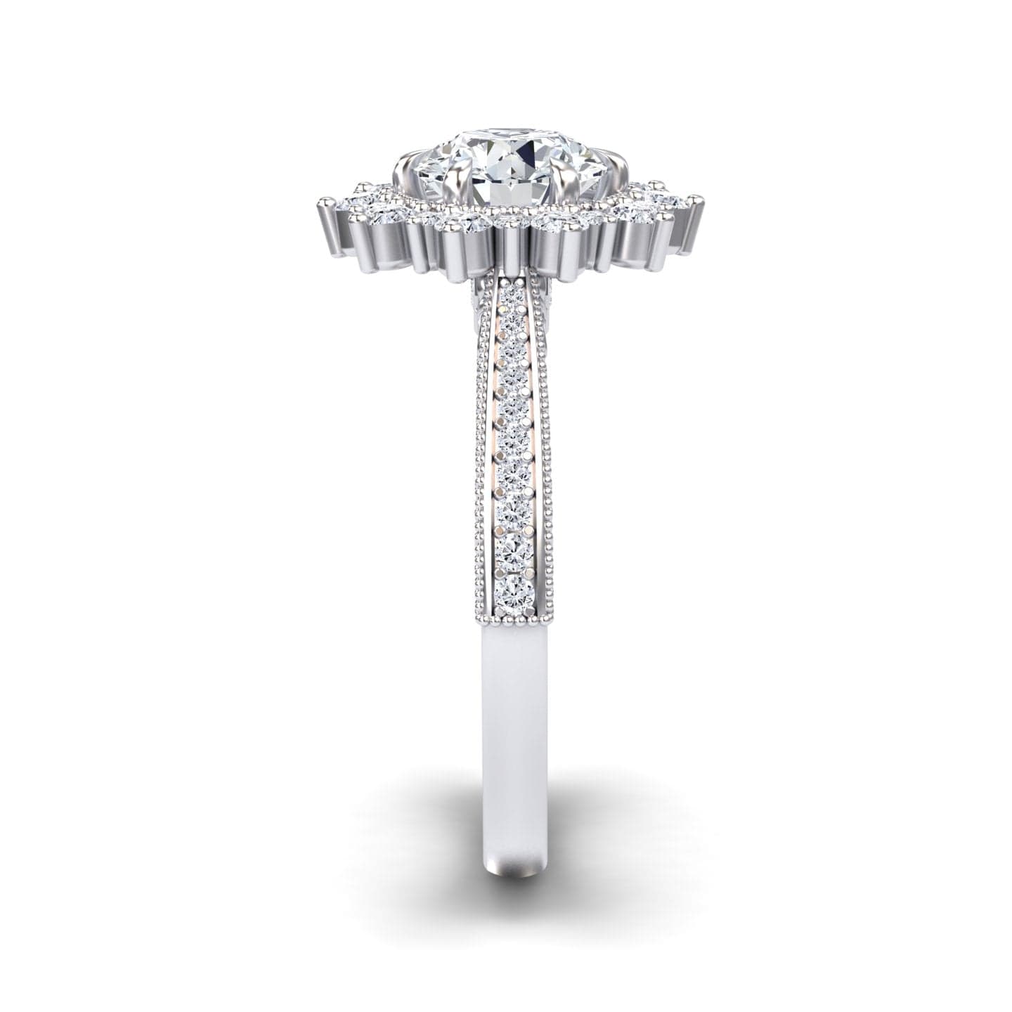 White Diamond Vintage-Inspired Ruffled Halo Engagement Ring - Charvi
