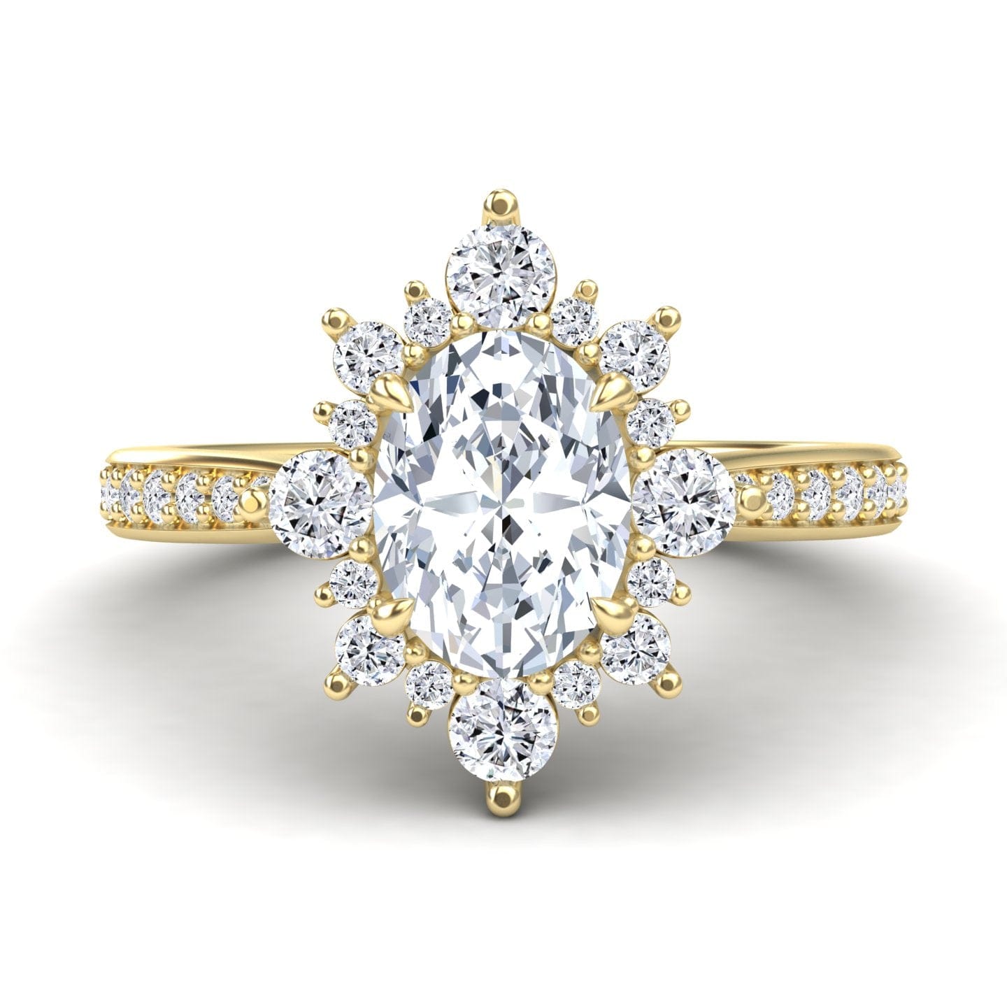 White Diamond Three-Stone Starburst Halo Pave Accented Engagement Ring - Heather