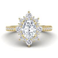 White Diamond Three-Stone Starburst Halo Pave Accented Engagement Ring - Heather