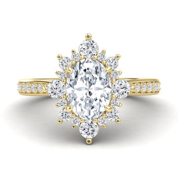White Diamond Three-Stone Starburst Halo Pave Accented Engagement Ring - Heather