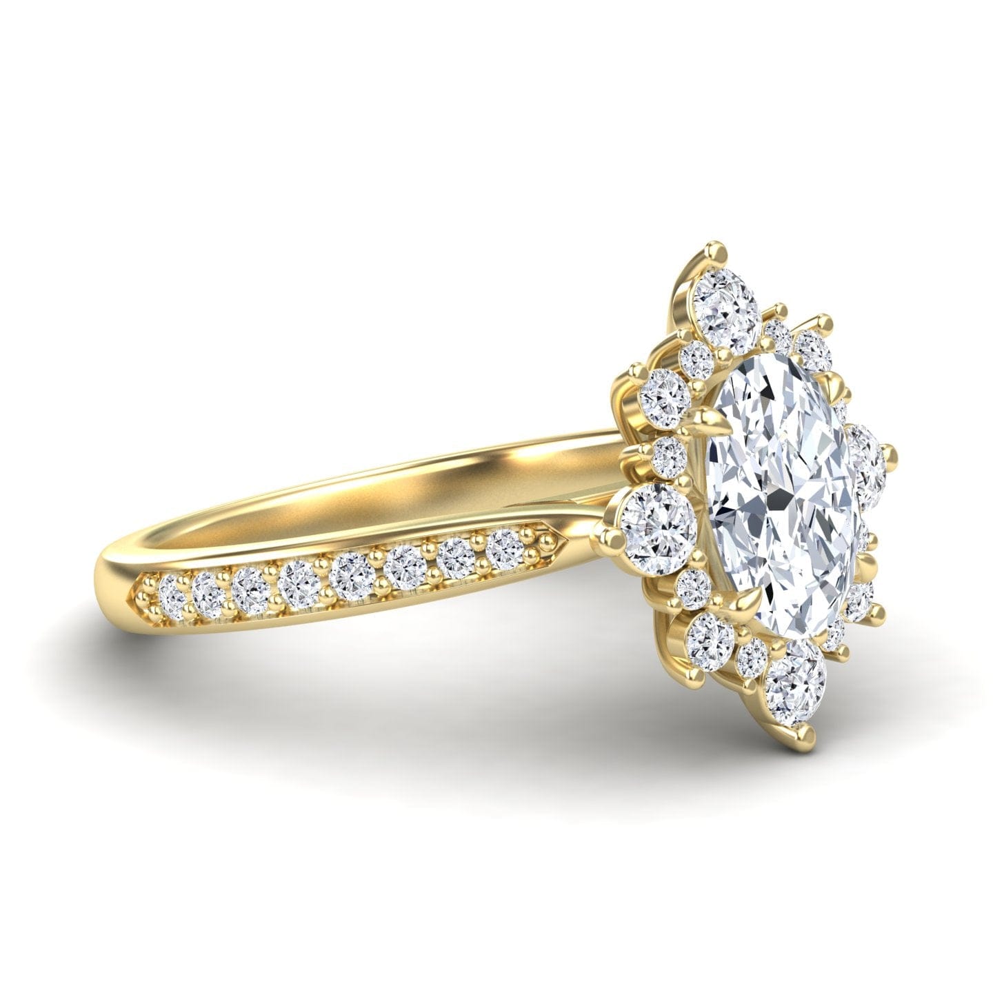 White Diamond Three-Stone Starburst Halo Pave Accented Engagement Ring - Heather