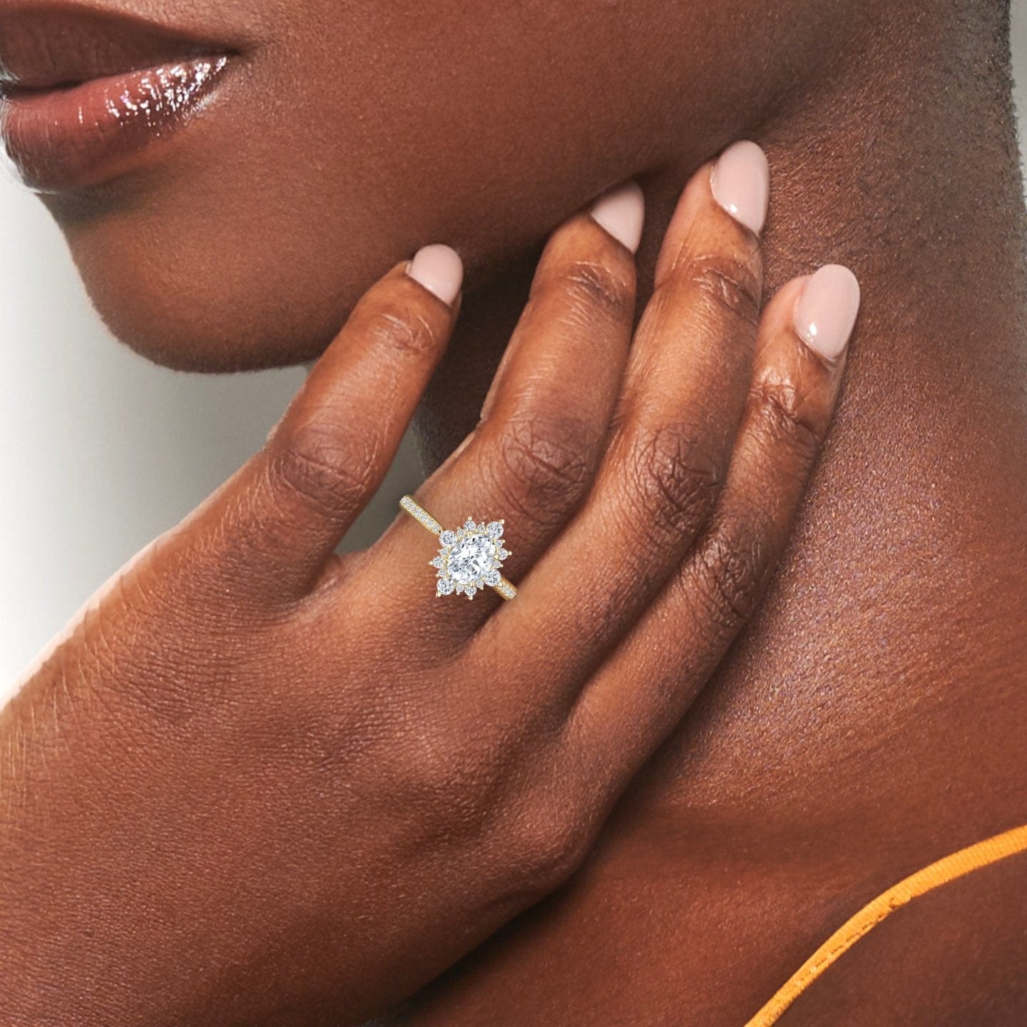 White Diamond Three-Stone Starburst Halo Pave Accented Engagement Ring - Heather