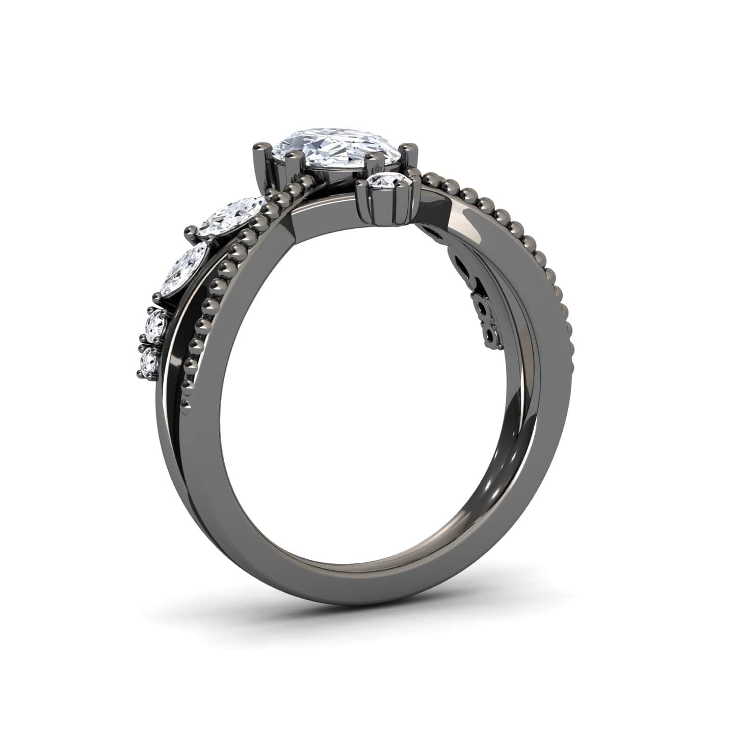 White Diamond Leaf-Inspired Twisted Milgrain Band Engagement Ring - Shulan