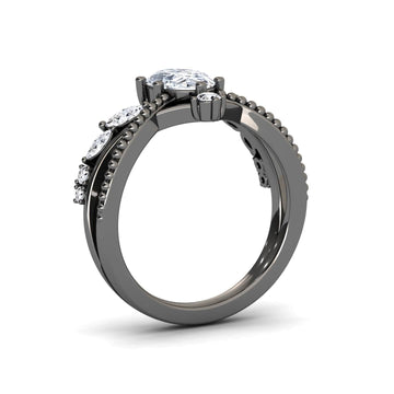 White Diamond Leaf-Inspired Twisted Milgrain Band Engagement Ring - Shulan