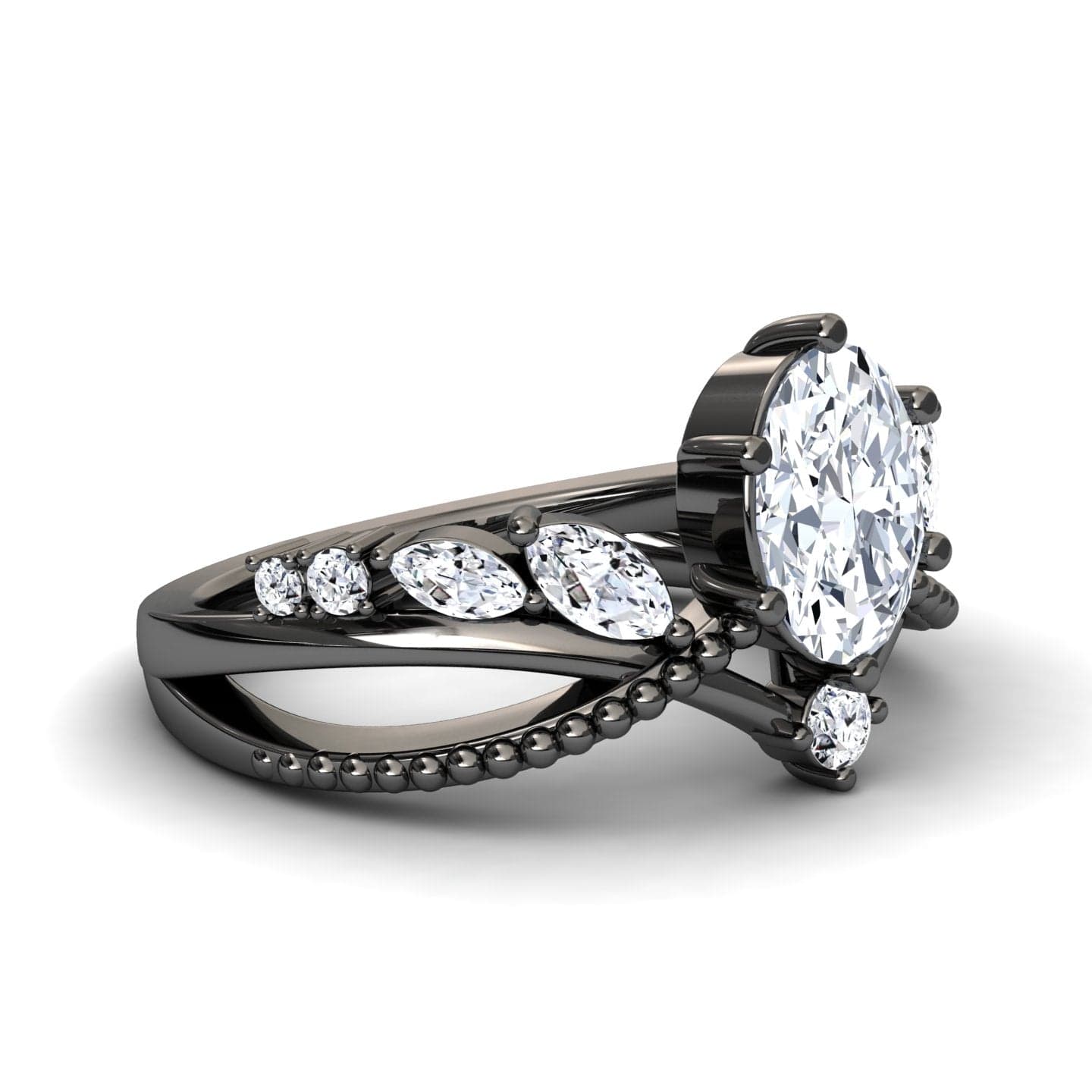 White Diamond Leaf-Inspired Twisted Milgrain Band Engagement Ring - Shulan