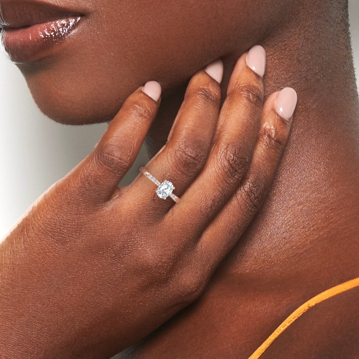 White Diamond Pave Accents Six-Prong Engagement Ring - Ruyue