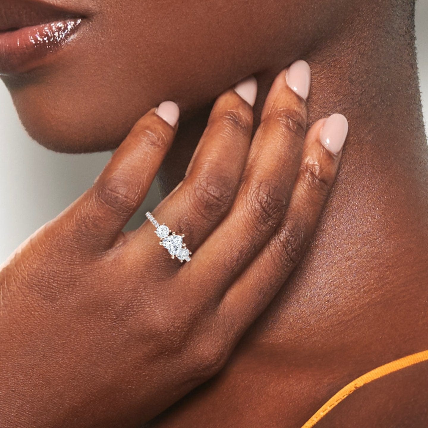 White Diamond Elegant Pave Band Three Stone Engagement Ring - Linda