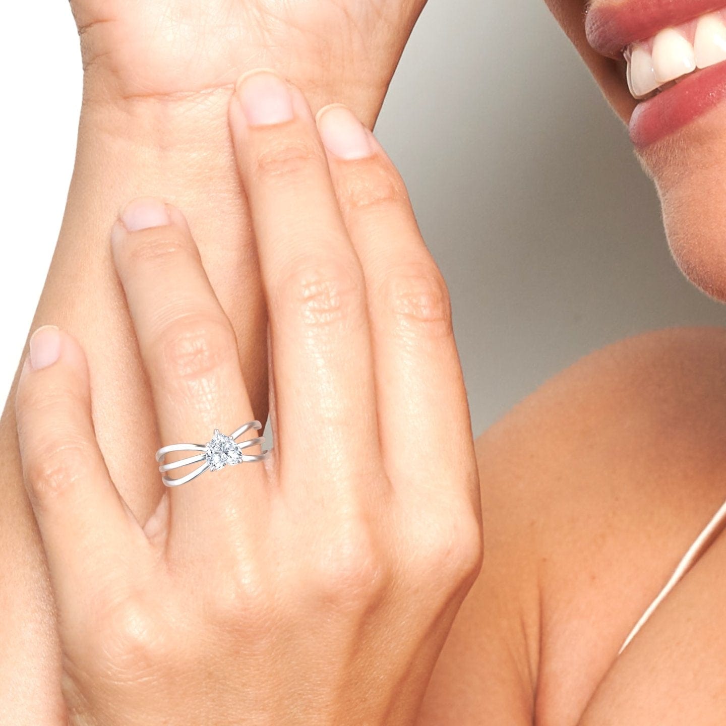 White Diamond Bypass Shank Twisted Band Solitaire Engagement Ring - Autumn