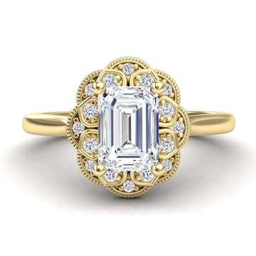 White Diamond Vintage Floral Halo Engagement Ring - Huixin