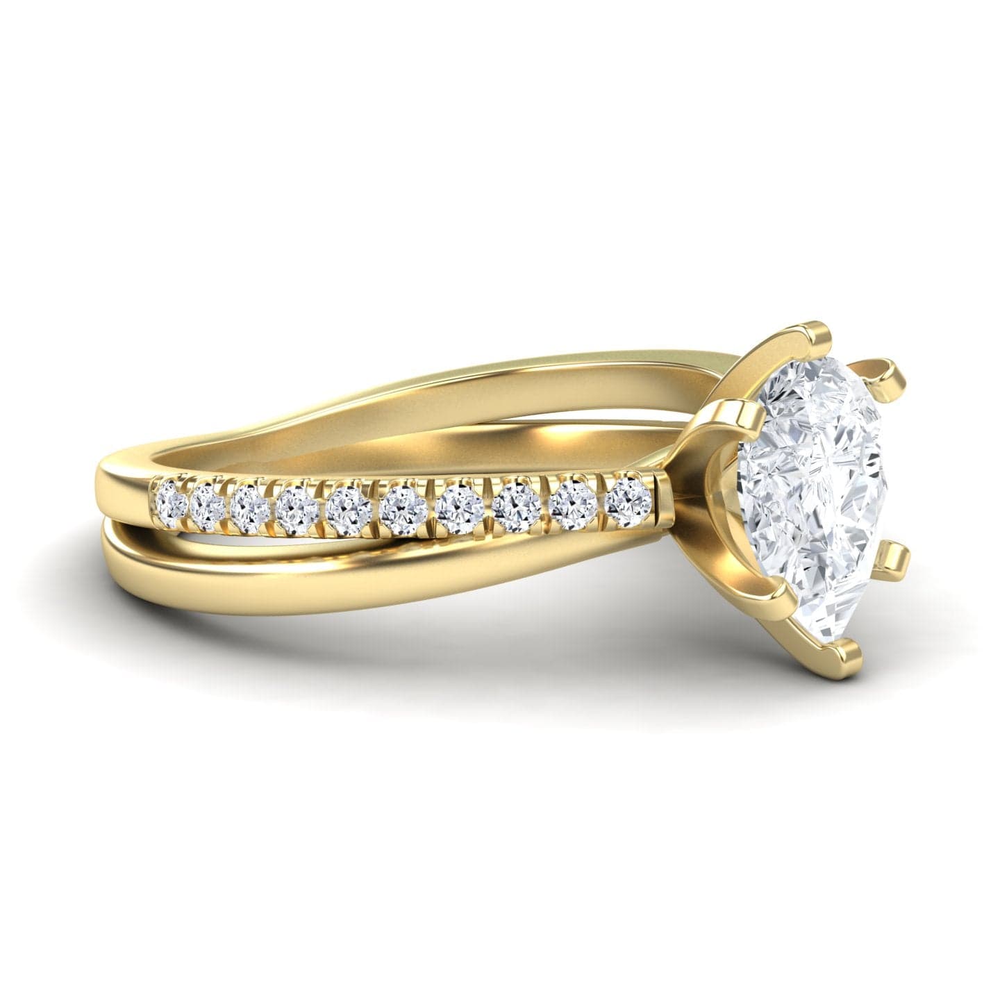 White Diamond Solitaire Dual-Band Pave Engagement Ring - Athena