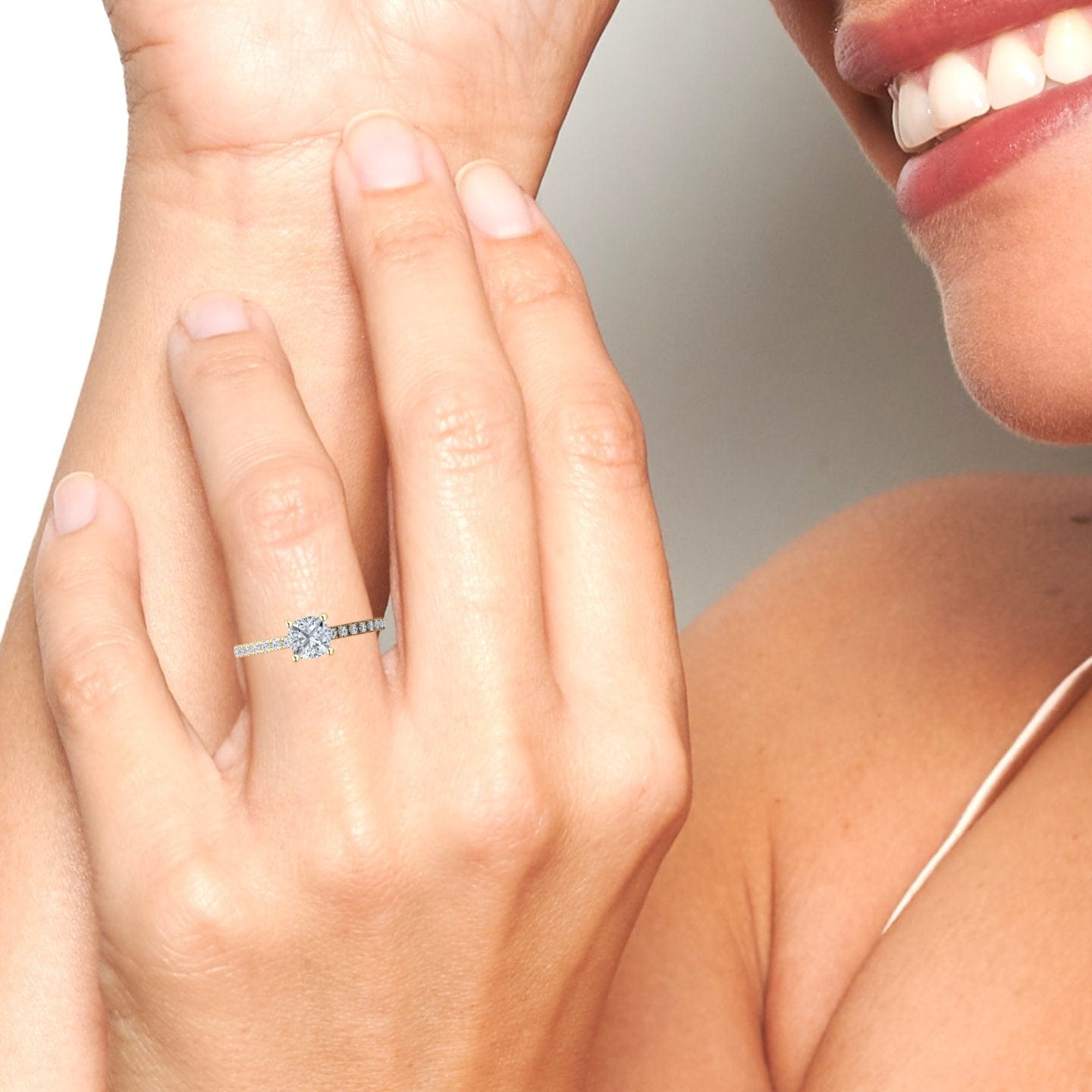 White Diamond Pave Band Solitaire Engagement Ring - Laila