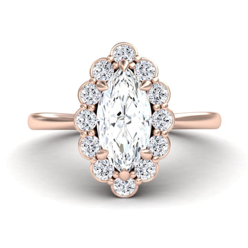 White Diamond Vintage-Inspired Floral Halo Scalloped Accented Engagement Ring - Haiqing