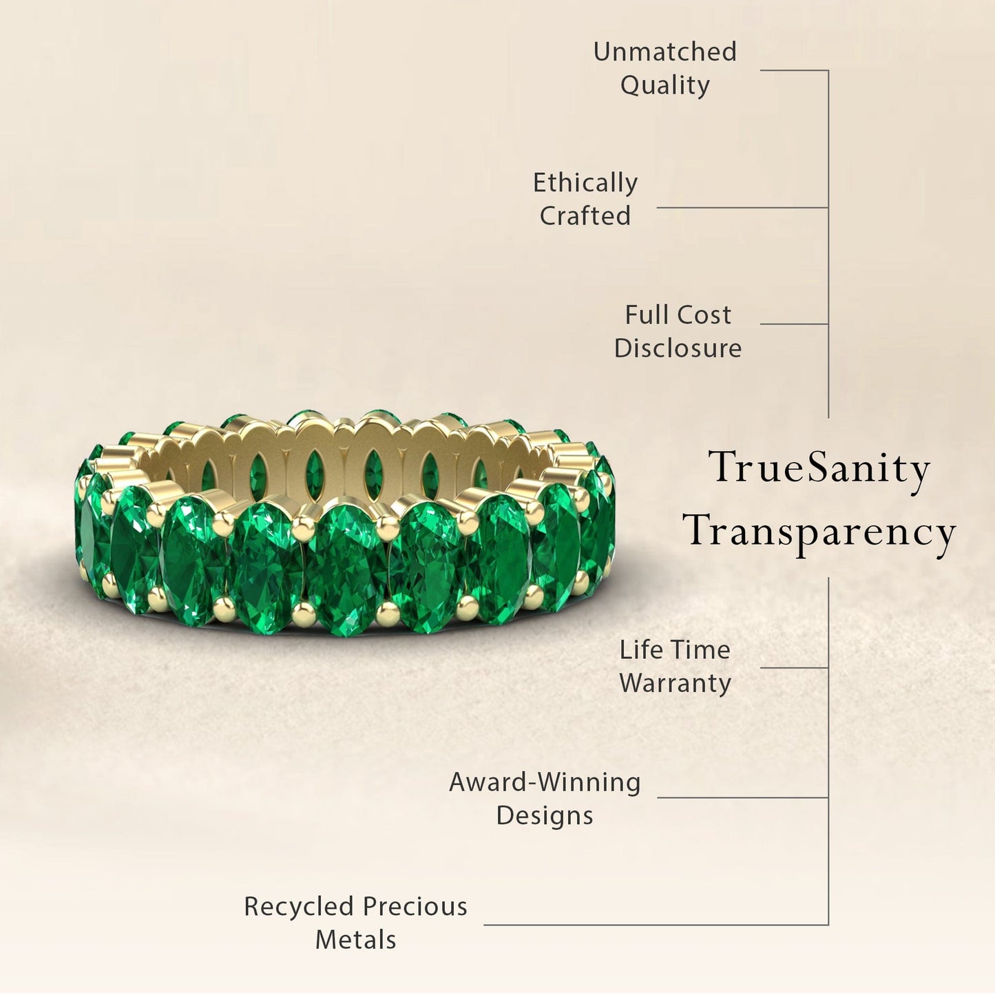 5.25-carat Emerald Full Eternity Band in 14K rose gold, Diana style, transparency view