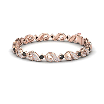 The Black & White Diamond Swirl Link Bracelet - Elizabeth features an intricate rose gold design with alternating black and white diamonds in each swirling link, shown against a white background.