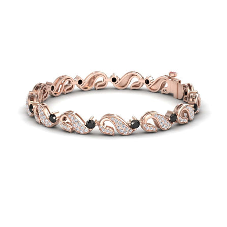 The Black & White Diamond Swirl Link Bracelet - Elizabeth features an intricate rose gold design with alternating black and white diamonds in each swirling link, shown against a white background.