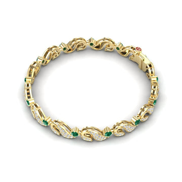 The Emerald & Diamond Swirl Link Bracelet - Elizabeth features an interlocking gold design with green gemstones and sections encrusted with white diamonds, beautifully displayed on a white background.